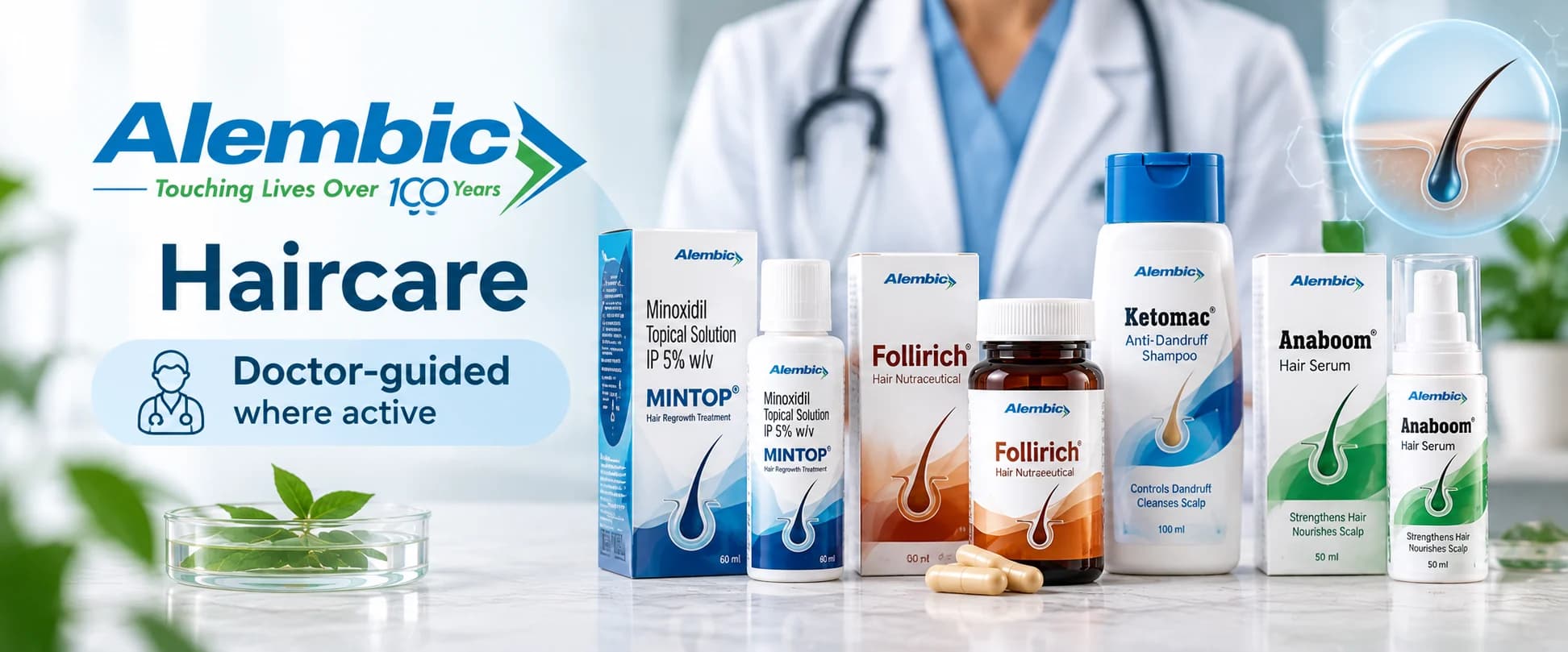 Alembic haircare products in India featuring minoxidil hair treatment, hair supplements, anti-dandruff shampoo and hair serum with doctor-guided care.