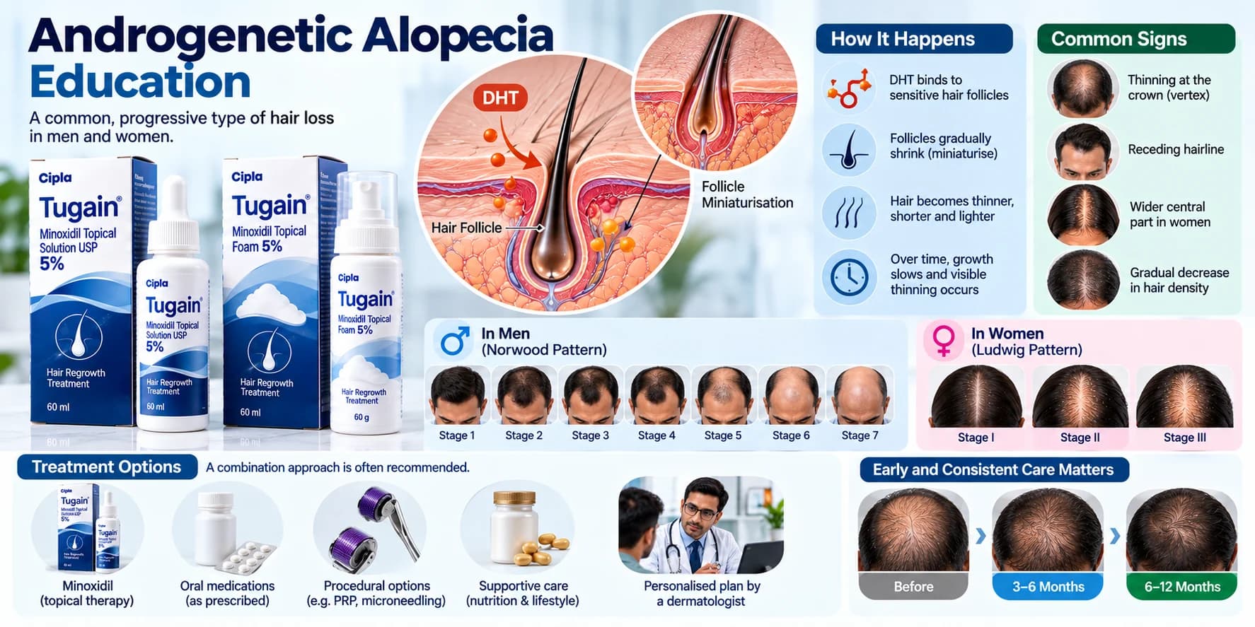 Androgenetic alopecia educational infographic showing DHT-related hair follicle miniaturisation, male and female pattern hair loss, Norwood and Ludwig stages, and Cipla Tugain minoxidil products.