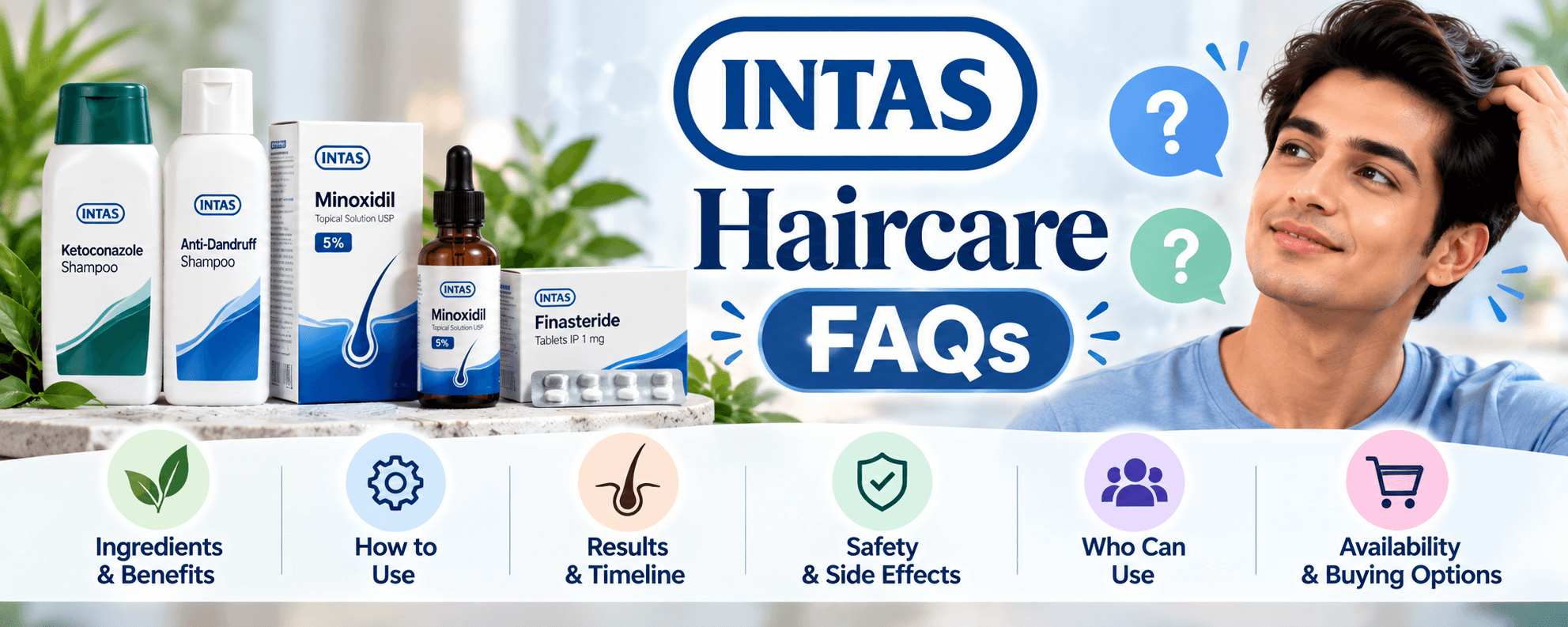 Intas haircare FAQs covering ingredients, usage, results, safety, suitability and availability
