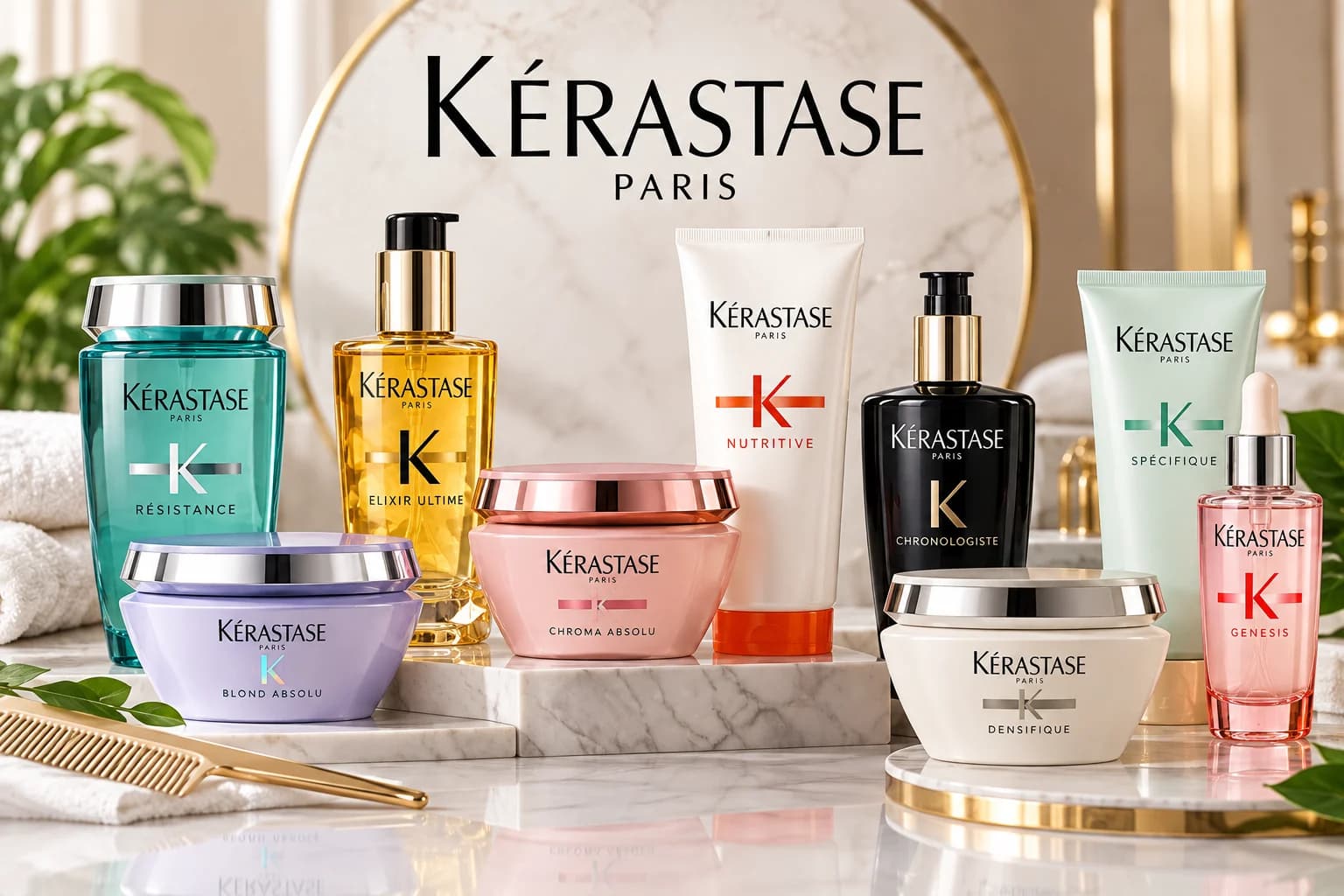 Kérastase Paris luxury haircare products featuring Résistance, Nutritive, Genesis, Elixir Ultime, Blond Absolu, Chroma Absolu, Chronologiste, Spécifique and Densifique ranges.