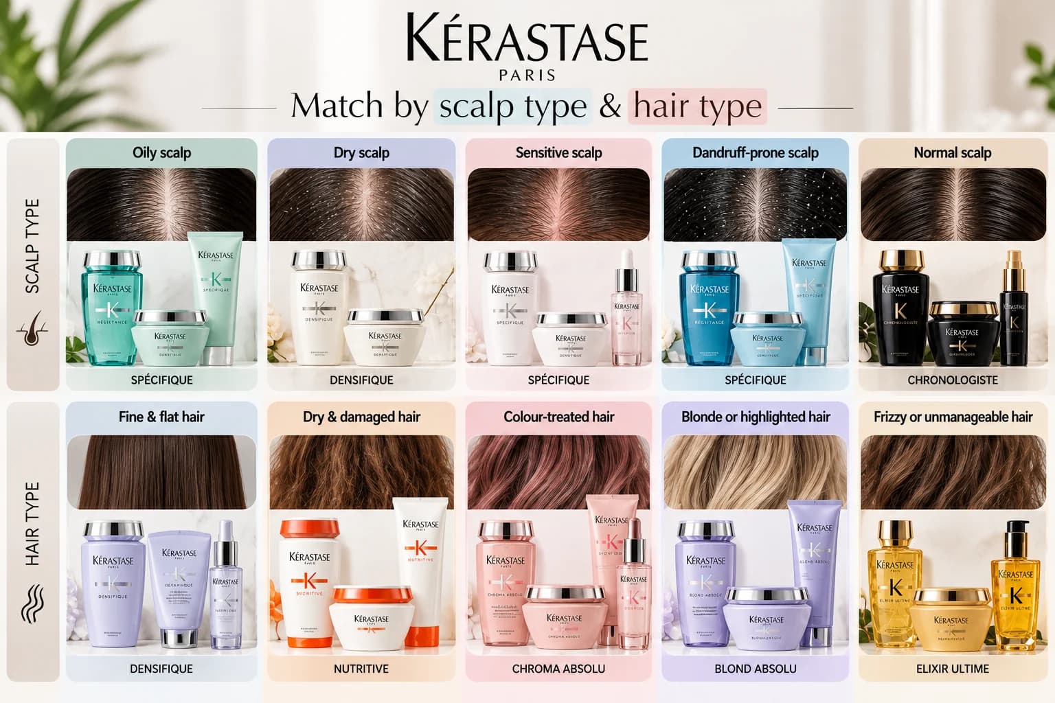 Kérastase Paris scalp and hair type comparison chart featuring labelled Spécifique, Densifique, Chronologiste, Nutritive, Chroma Absolu, Blond Absolu and Elixir Ultime haircare products for different scalp and hair concerns.