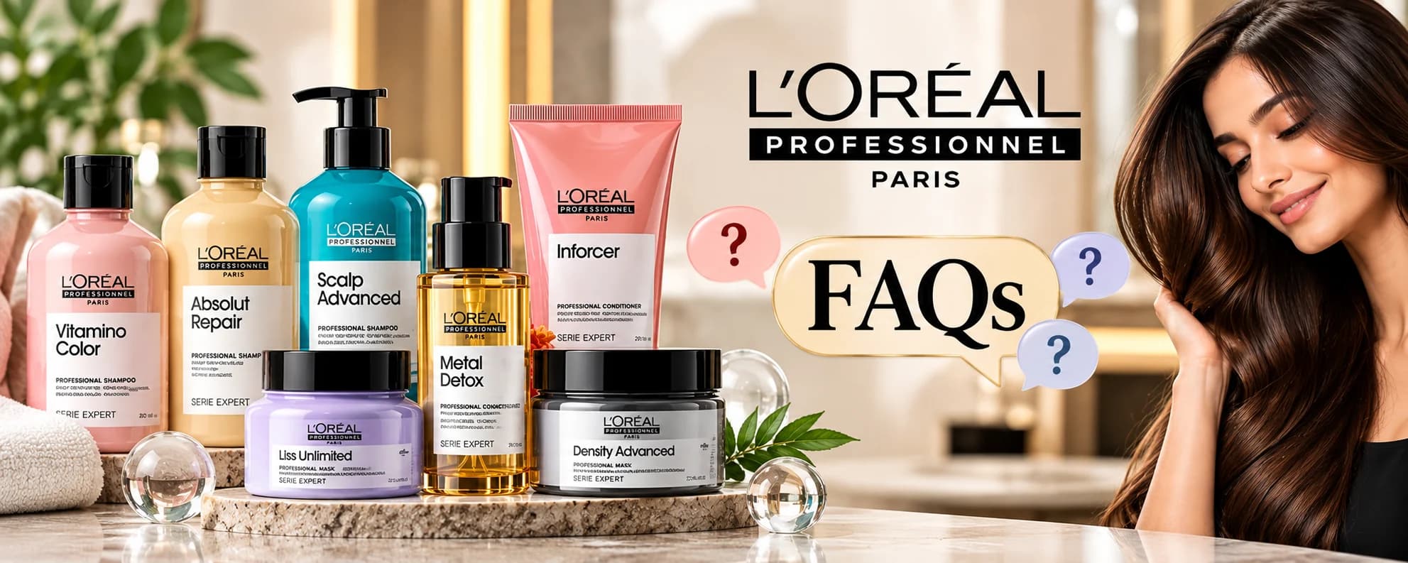 L'Oréal Professionnel haircare FAQs banner featuring labelled Vitamino Color, Absolut Repair, Scalp Advanced, Inforcer, Metal Detox and Liss Unlimited products alongside a woman with glossy brown hair.