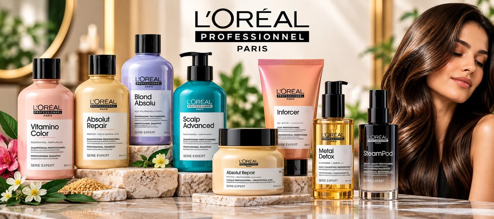L'Oréal Professionnel Paris cosmetic haircare collection featuring Vitamino Color, Absolut Repair, Scalp Advanced, Inforcer, Metal Detox and other salon haircare products alongside a woman with glossy brown hair.