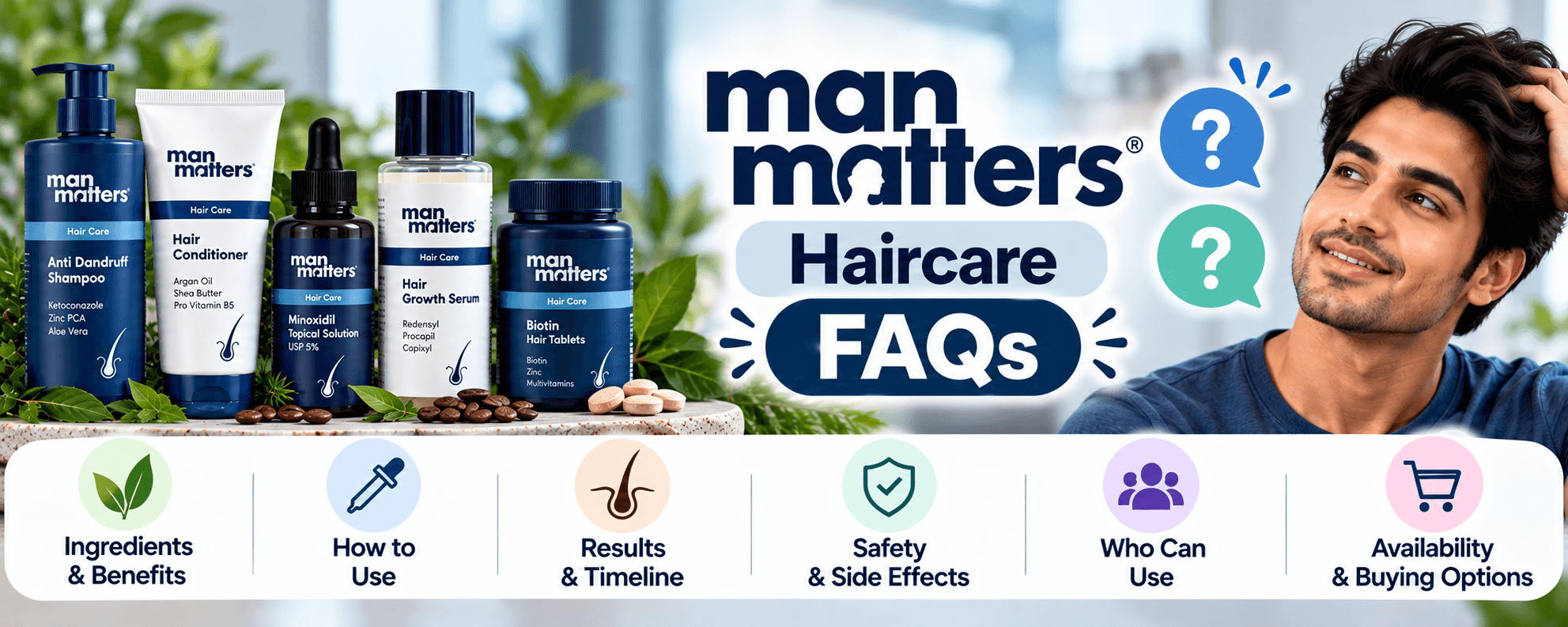 Man Matters haircare FAQs covering ingredients, usage, results, safety, suitability and buying options