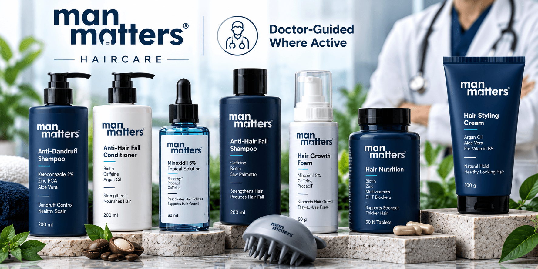 Man Matters haircare products in India including anti-dandruff shampoo, anti-hair fall conditioner, minoxidil, hair growth foam, supplements and styling cream