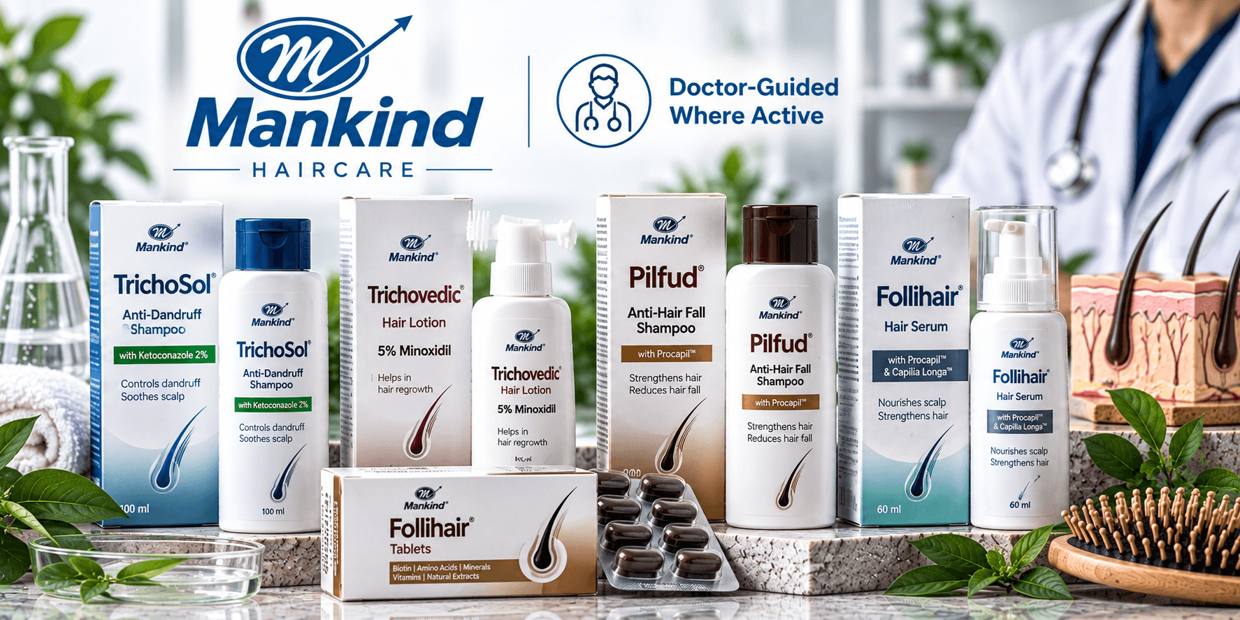 Mankind haircare products in India including anti-dandruff shampoo, minoxidil hair lotion, anti-hair fall shampoo, hair serum and hair supplements