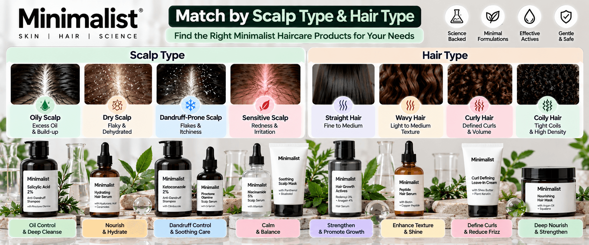 Minimalist scalp and hair type guide for oily, dry, dandruff-prone and sensitive scalp with straight, wavy, curly and coily hair