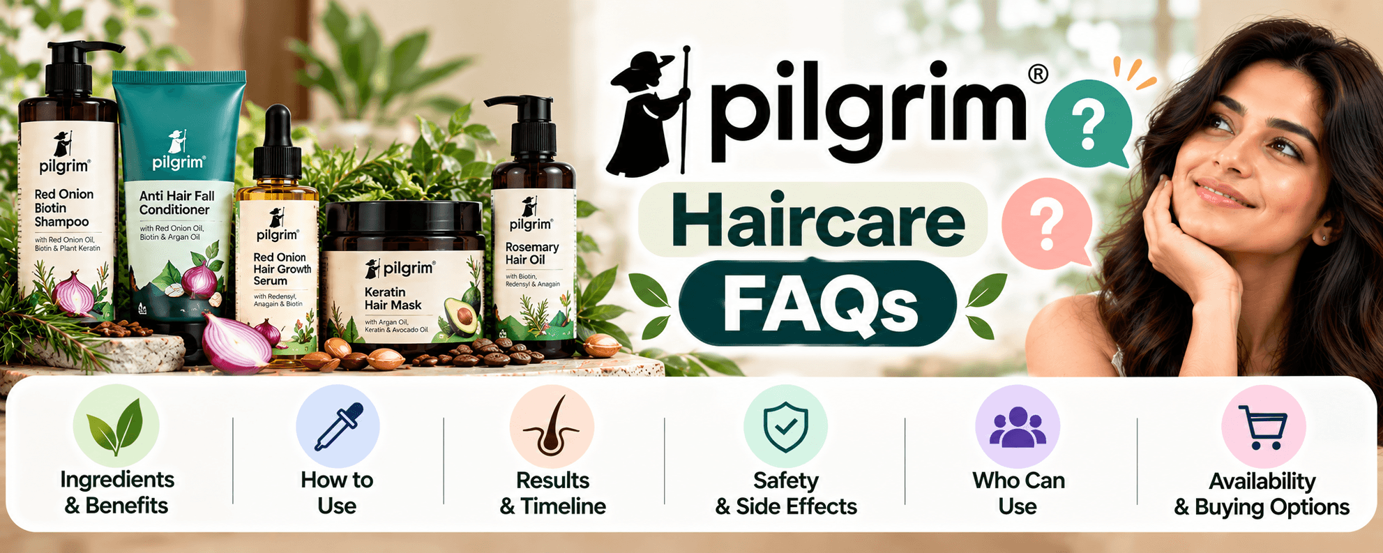 Pilgrim haircare FAQs covering ingredients, usage, results, safety, suitability and buying options