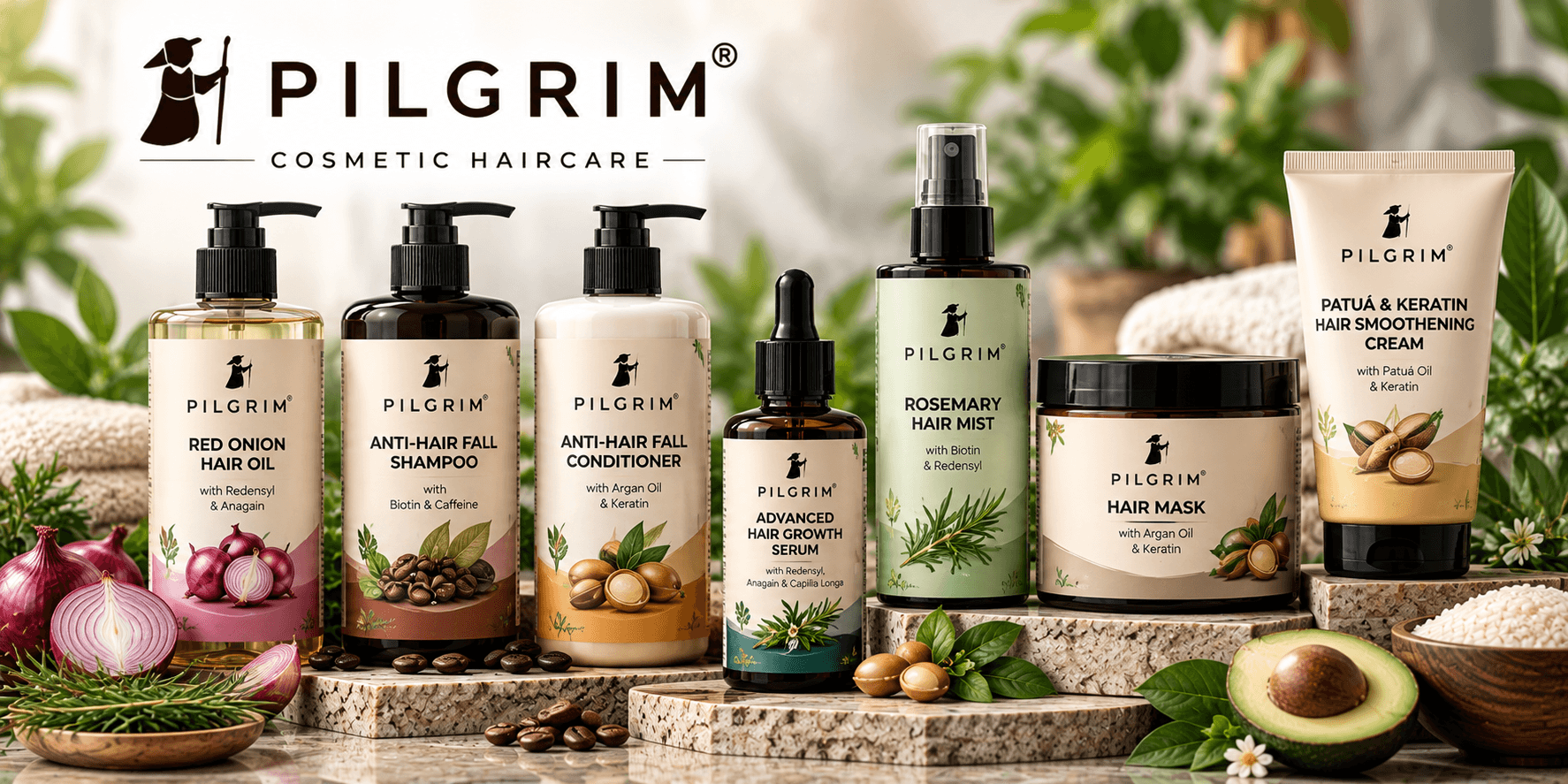 Pilgrim cosmetic haircare products in India including red onion hair oil, anti-hair fall shampoo, conditioner, hair growth serum, rosemary mist and hair mask