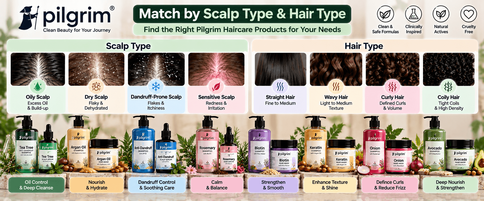 Pilgrim scalp and hair type guide for oily, dry, dandruff-prone and sensitive scalp with straight, wavy, curly and coily hair