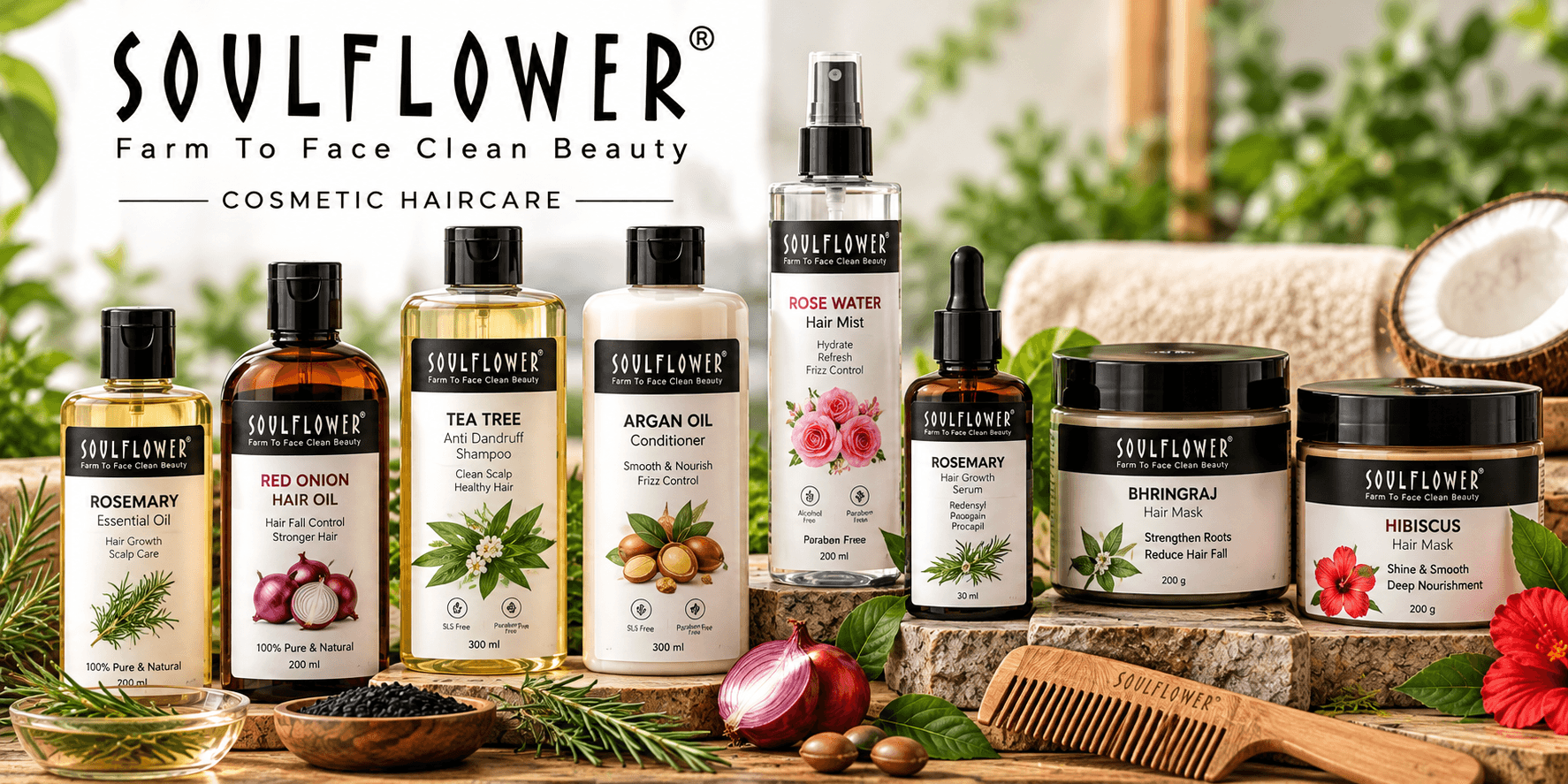 Soulflower cosmetic haircare products in India including rosemary oil, red onion hair oil, anti-dandruff shampoo, conditioner, serum and hair masks