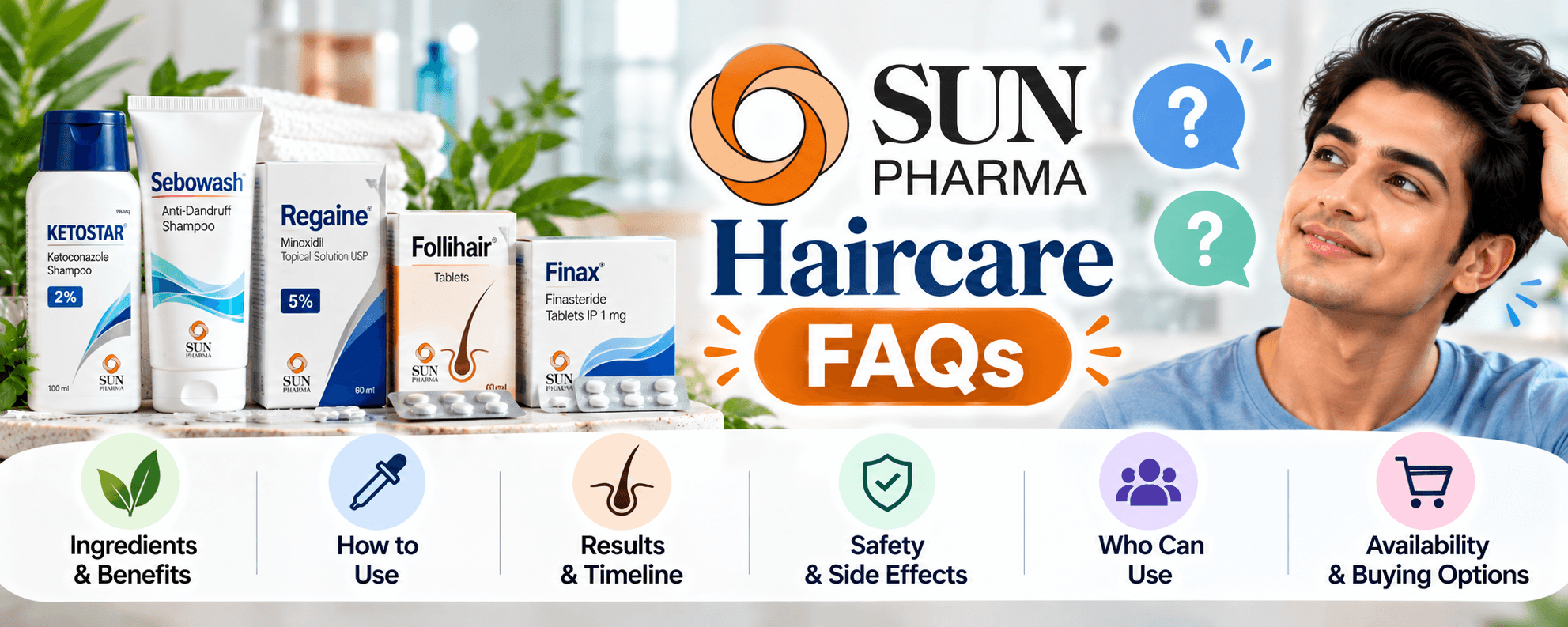 Sun Pharma haircare FAQs covering ingredients, usage, results, safety, suitability and buying options