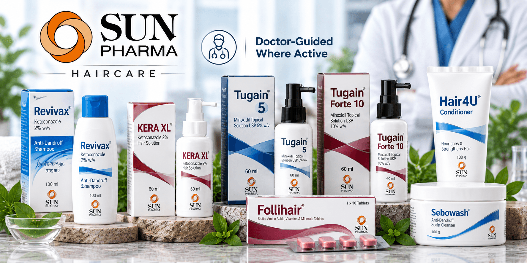 Sun Pharma haircare products in India including anti-dandruff shampoo, minoxidil solutions, conditioner, scalp cleanser and hair supplements