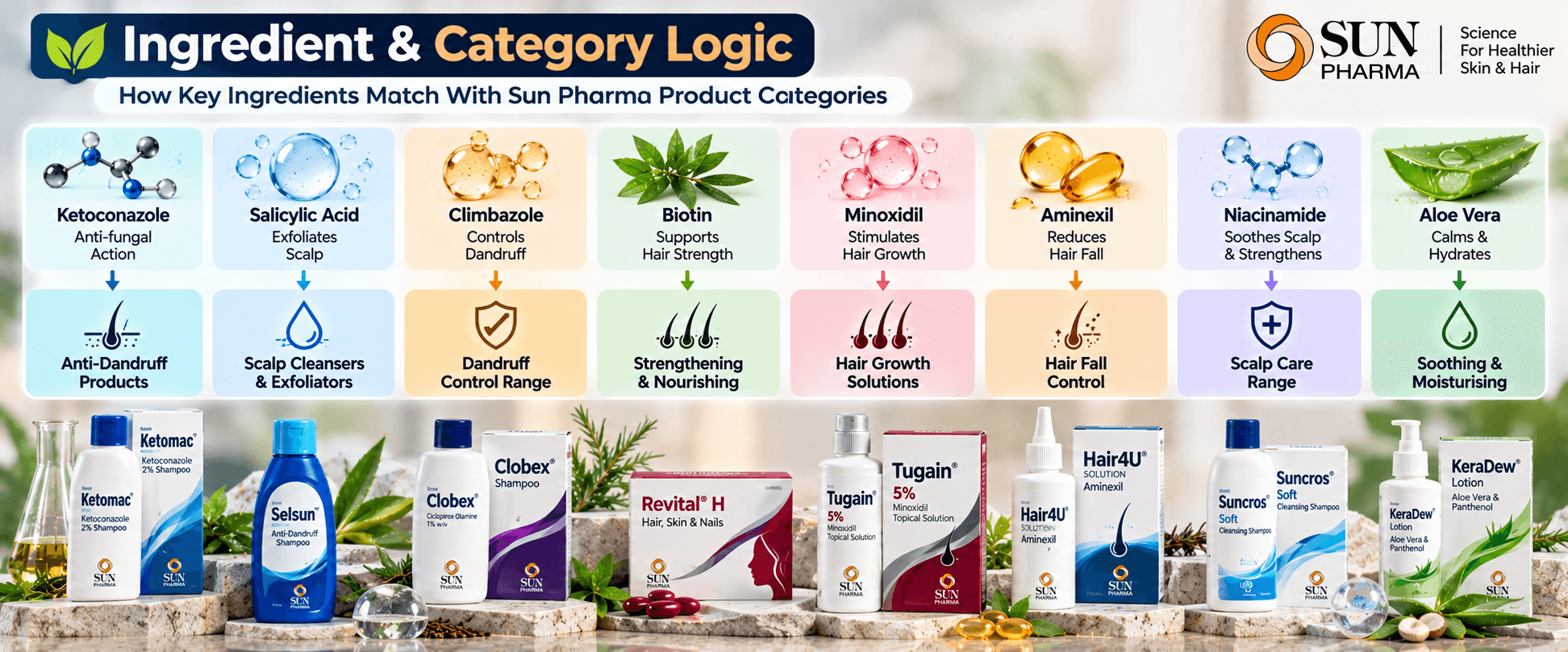 Sun Pharma ingredient and category logic for dandruff, scalp cleansing, hair growth, hair fall control, strengthening and soothing scalp care