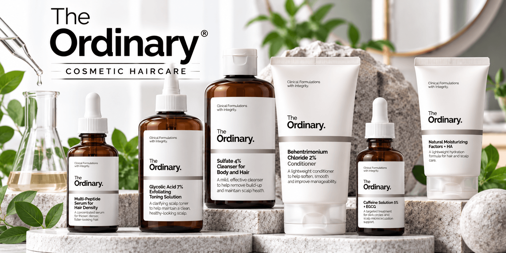 The Ordinary cosmetic haircare products in India including multi-peptide hair serum, glycolic acid, cleanser, conditioner and scalp care formulas