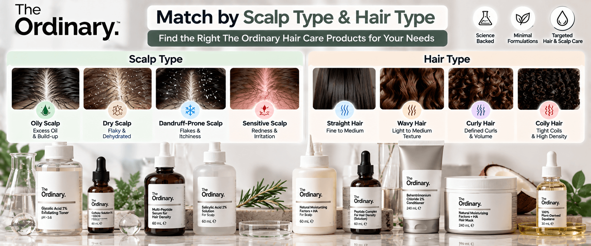 The Ordinary scalp and hair type guide for oily, dry, dandruff-prone and sensitive scalp with straight, wavy, curly and coily hair