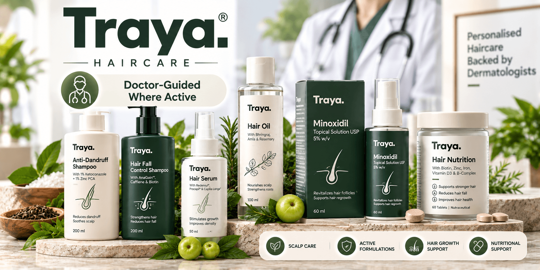 Traya haircare products in India including anti-dandruff shampoo, hair fall control shampoo, serum, hair oil, minoxidil and hair nutrition