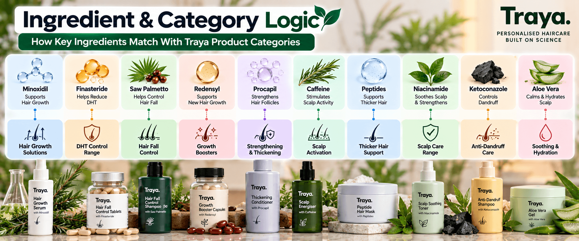 Traya ingredient and category logic showing minoxidil, finasteride, saw palmetto, Redensyl, Procapil, caffeine, peptides, niacinamide, ketoconazole and aloe vera