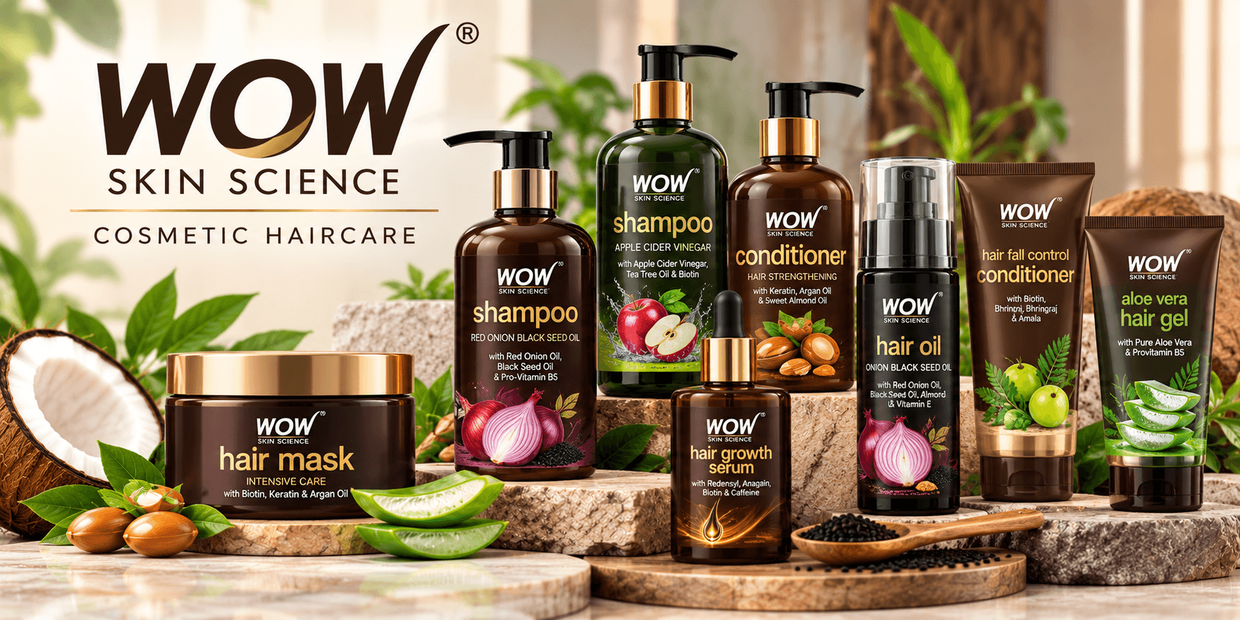 WOW Skin Science cosmetic haircare products in India including shampoo, conditioner, hair mask, serum, hair oil and aloe vera hair gel