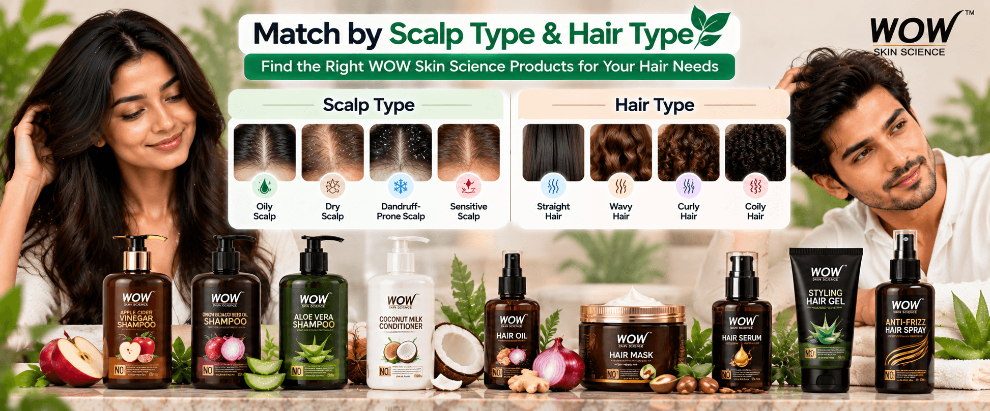WOW Skin Science scalp and hair type guide for oily, dry, dandruff-prone and sensitive scalp with straight, wavy, curly and coily hair