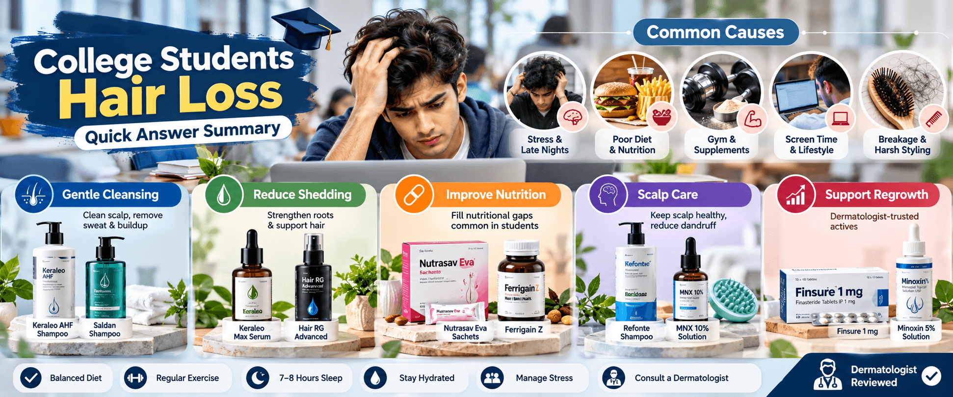 College students hair loss quick answer summary with common causes, supportive care and dermatologist-reviewed guidance — Hairsncares