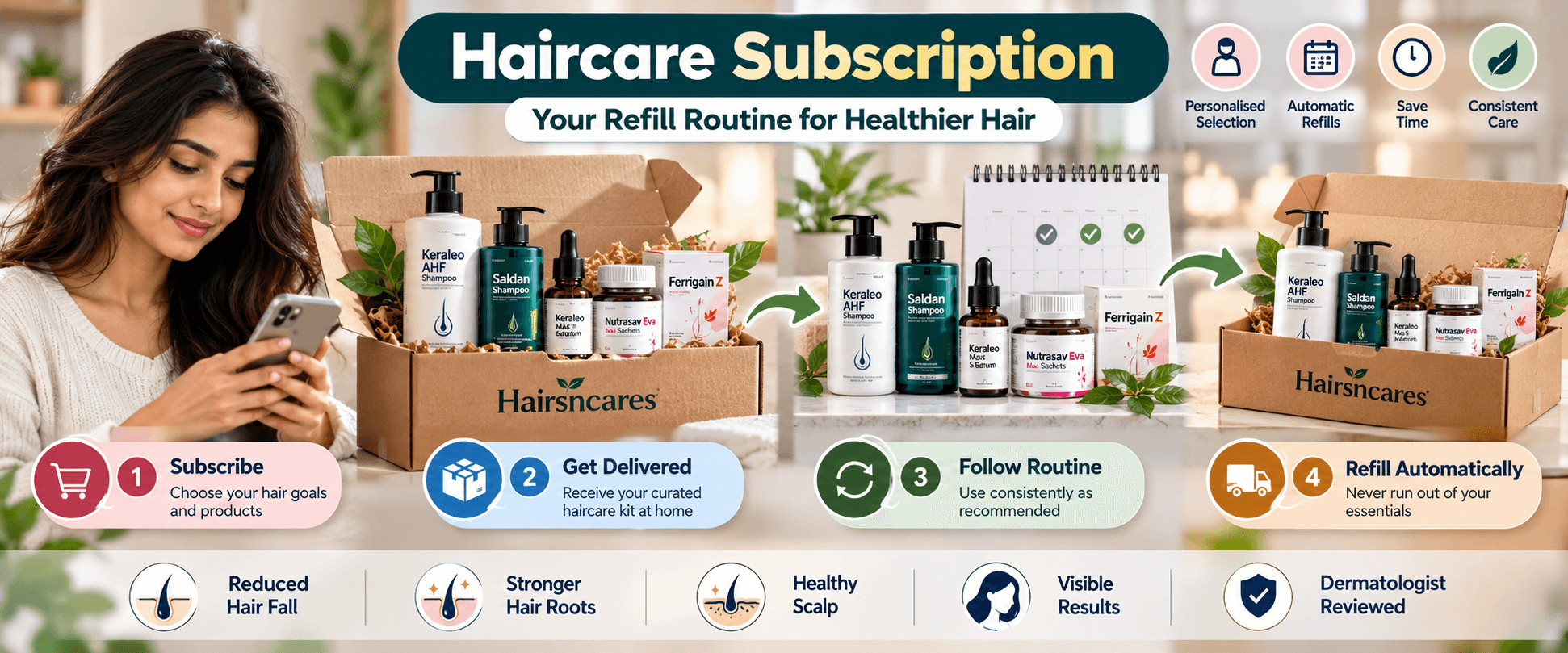 Haircare subscription and automatic refill routine with personalised products — Hairsncares