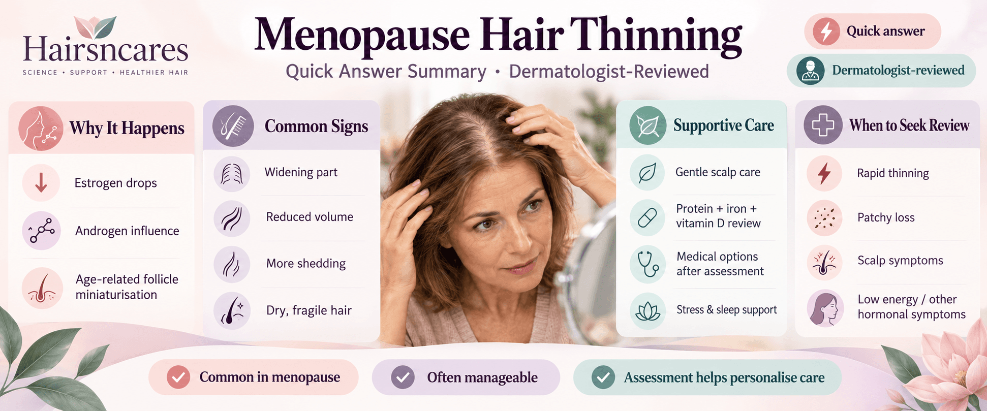 Menopause hair thinning quick answer summary with common signs, causes, supportive care and dermatologist-reviewed guidance — Hairsncares
