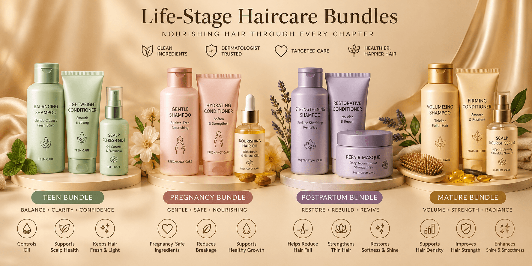 Life-stage haircare bundles for teen, pregnancy, postpartum and mature hair