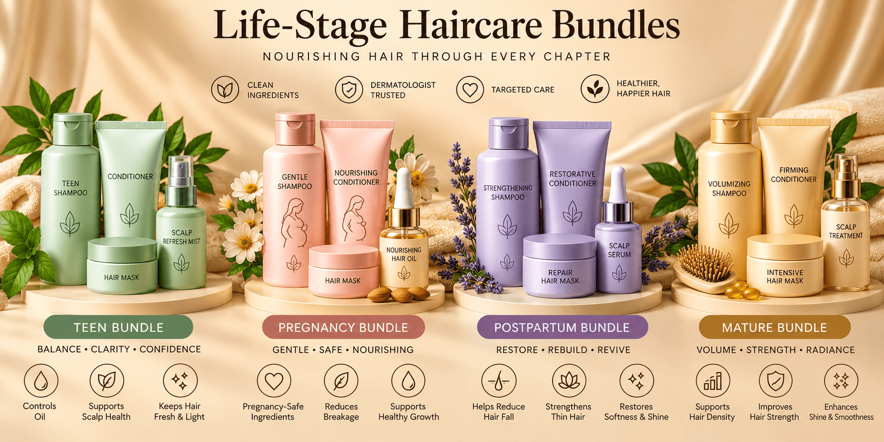 Life-stage haircare bundles for teen, pregnancy, postpartum and mature hair on a champagne background