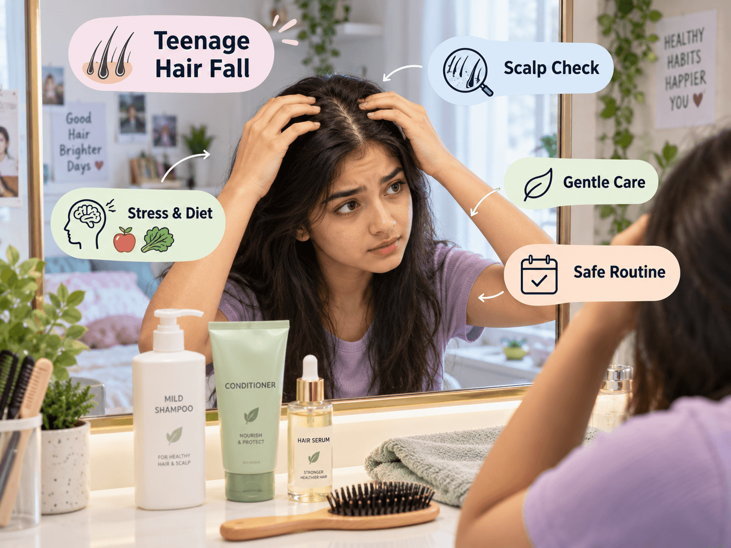 Teenager checking hair and scalp in mirror, illustrating teenage hair fall causes and a safe gentle care routine