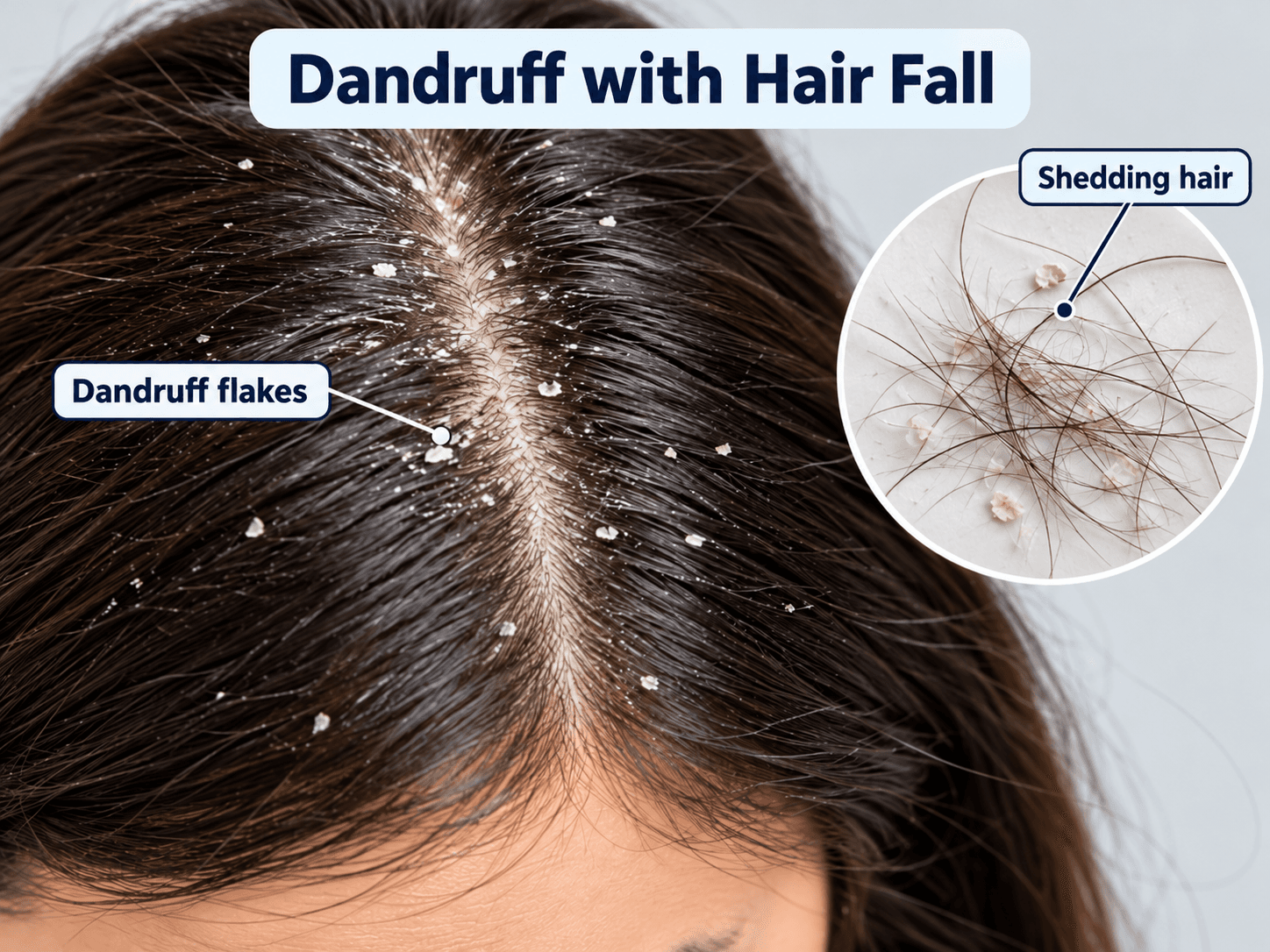 Scalp with visible dandruff flakes and shedding hair illustrating dandruff with hair fall