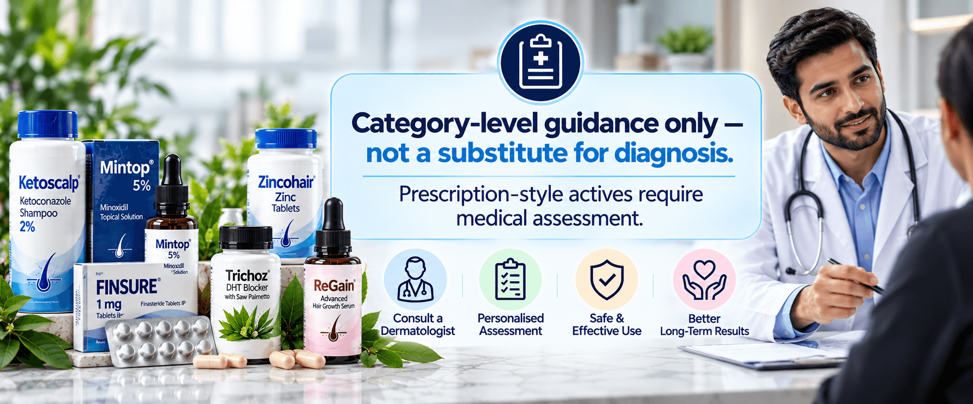 Haircare medical guidance with labeled products and dermatologist assessment for prescription-style actives
