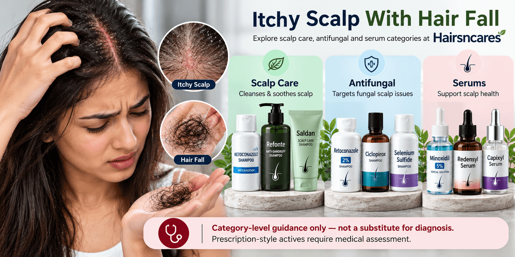 Scalp care, antifungal and serum categories for itchy scalp with hair fall at Hairsncares