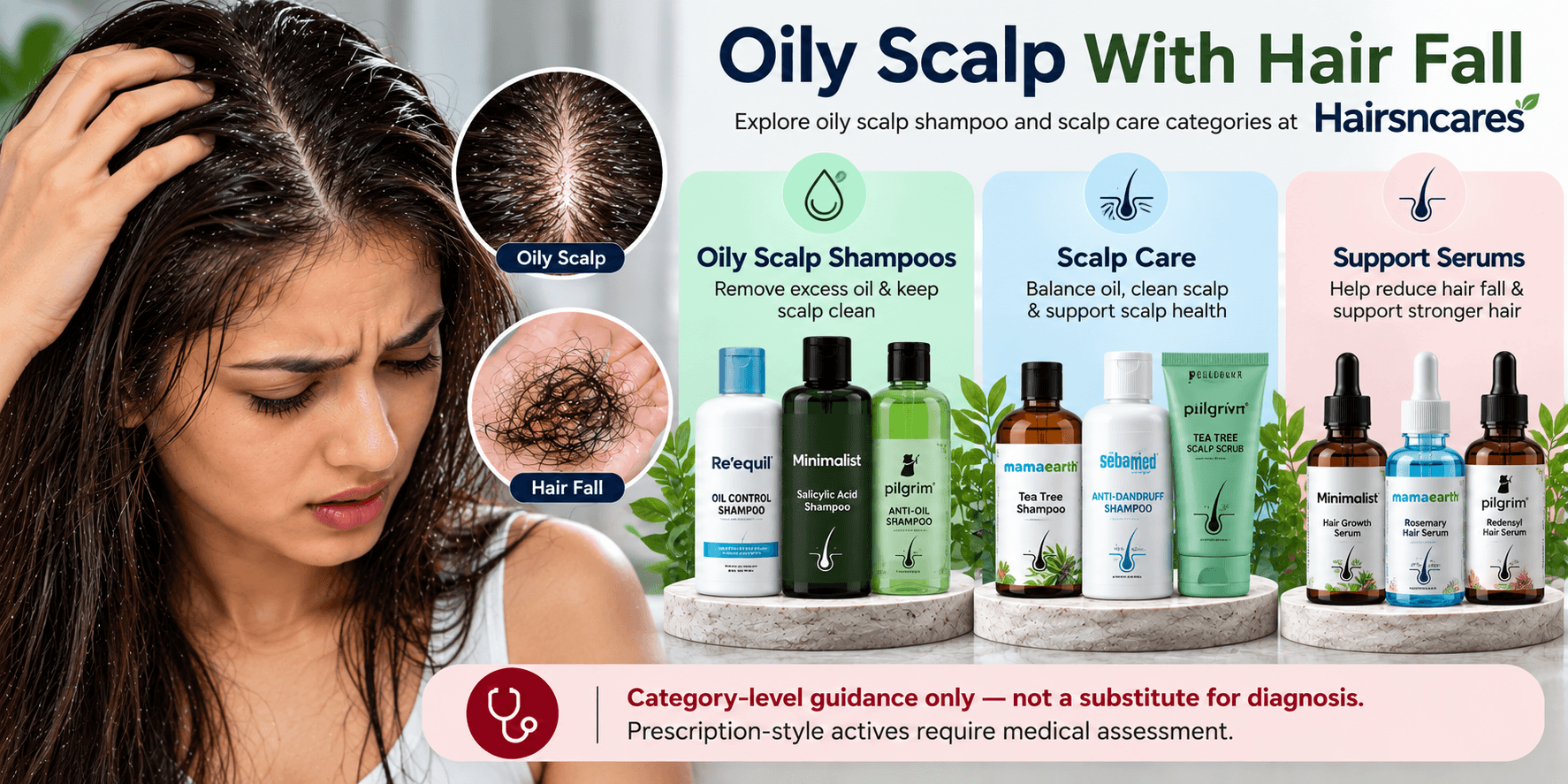 Oily scalp shampoo and scalp care categories for oily scalp with hair fall at Hairsncares