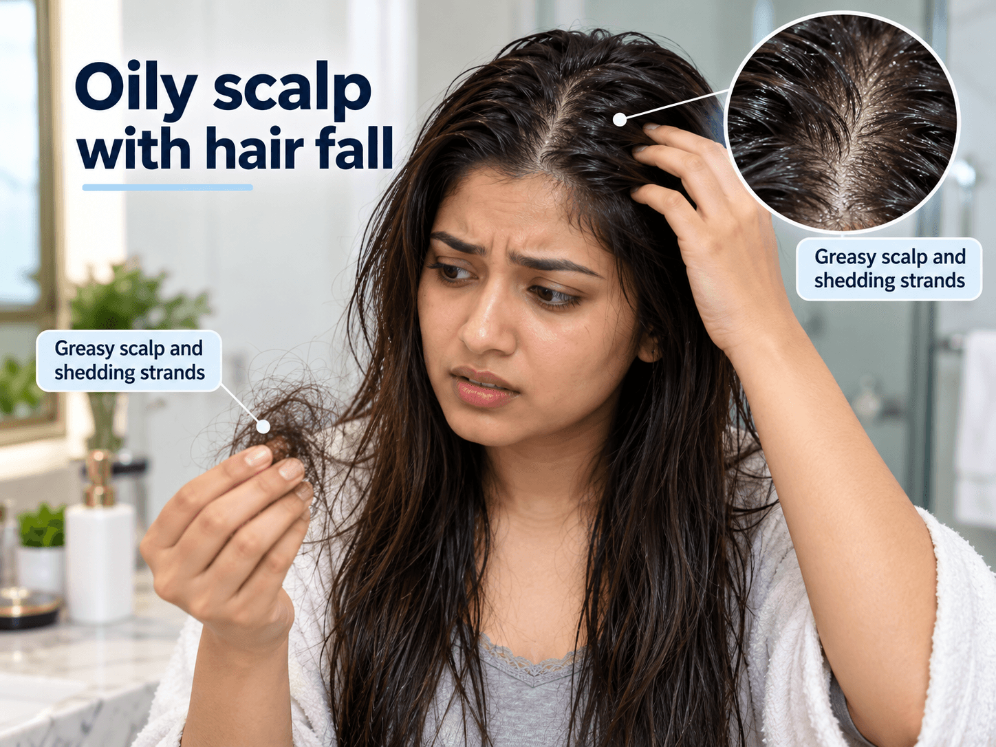 Greasy oily scalp with shedding hair strands, illustrating oily scalp with hair fall
