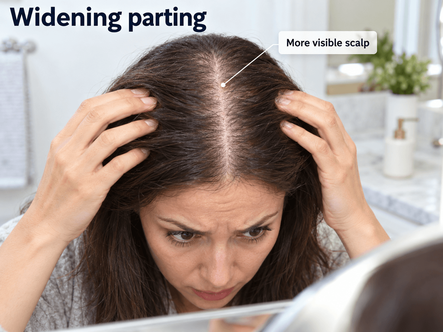 Centre hair parting appearing wider with more visible scalp, illustrating a widening hair partition in women