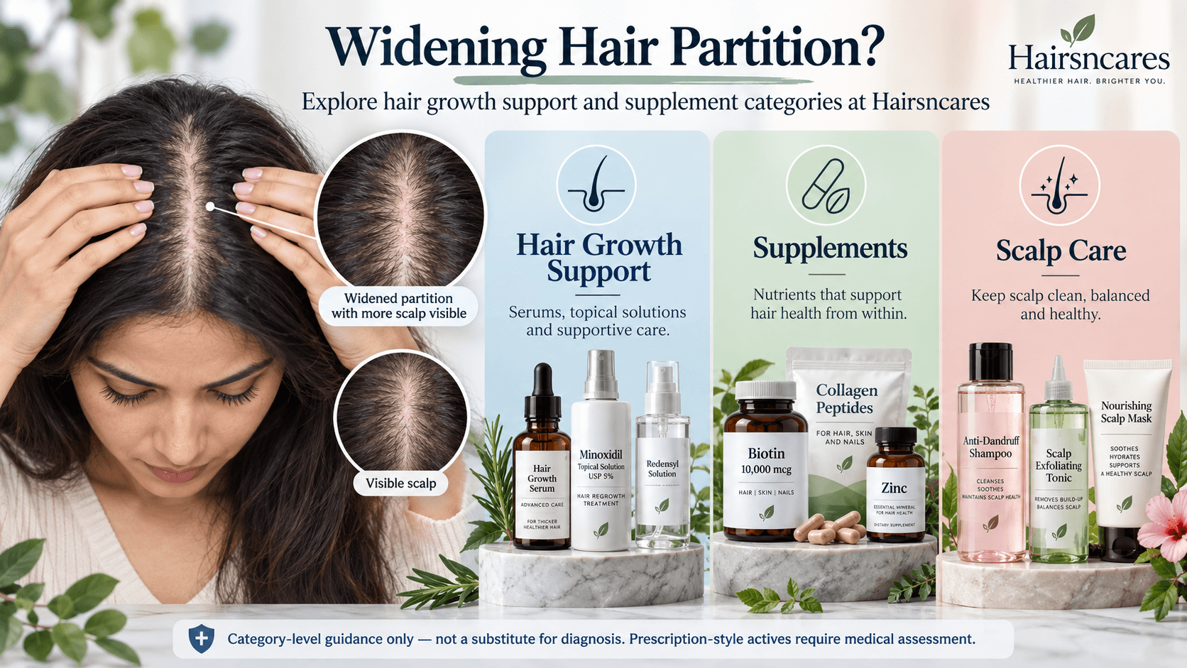 Hair growth support and supplement categories for a widening hair partition at Hairsncares