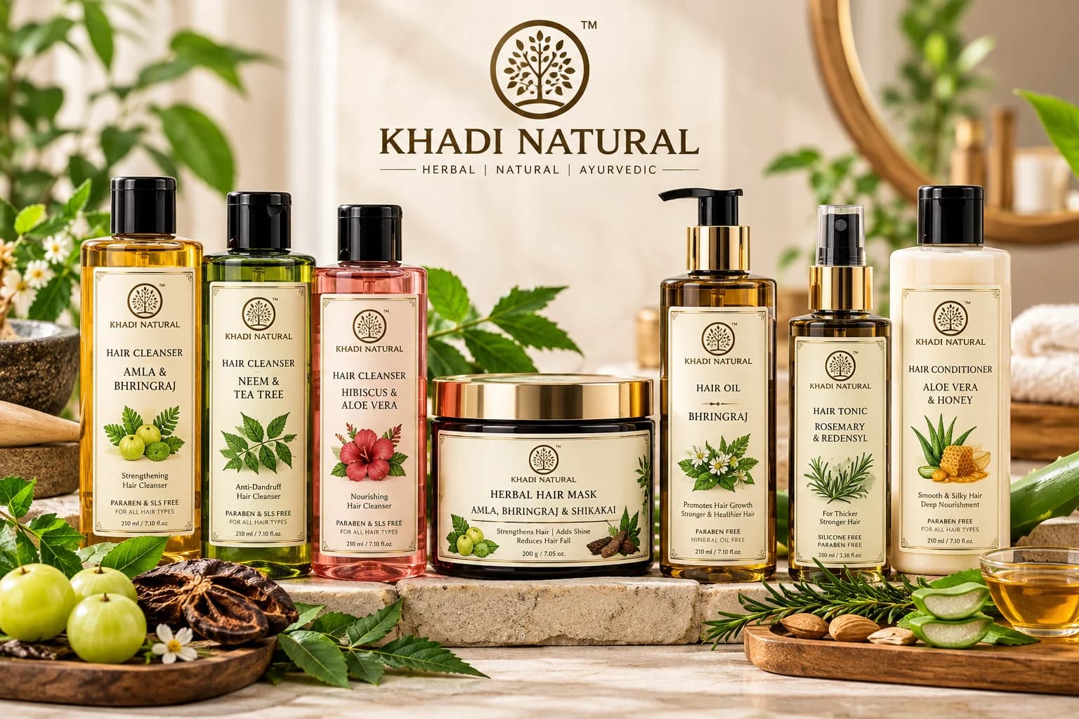 Khadi Natural herbal haircare products featuring Amla Bhringraj, Neem Tea Tree and Hibiscus Aloe Vera hair cleansers, Bhringraj hair oil, herbal hair mask, rosemary hair tonic and Aloe Vera Honey conditioner.