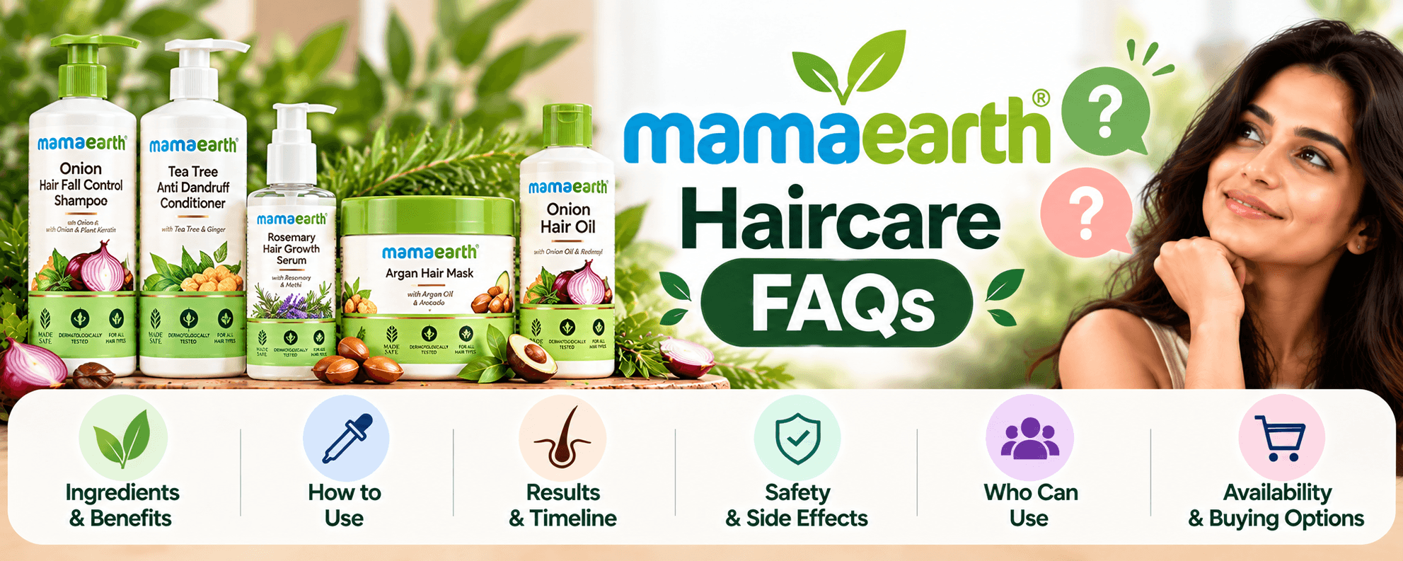 Mamaearth haircare FAQs covering ingredients, usage, results, safety, suitability and buying options