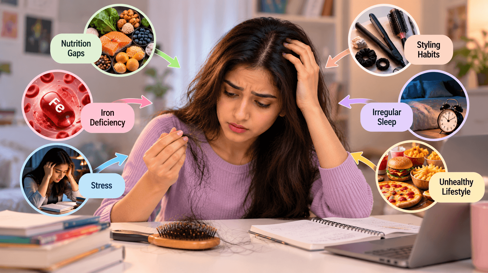 College Student Hair Fall – Stress & Lifestyle Causes College student noticing hair fall during studies with stress, iron deficiency, nutrition gaps, poor sleep and styling habits
