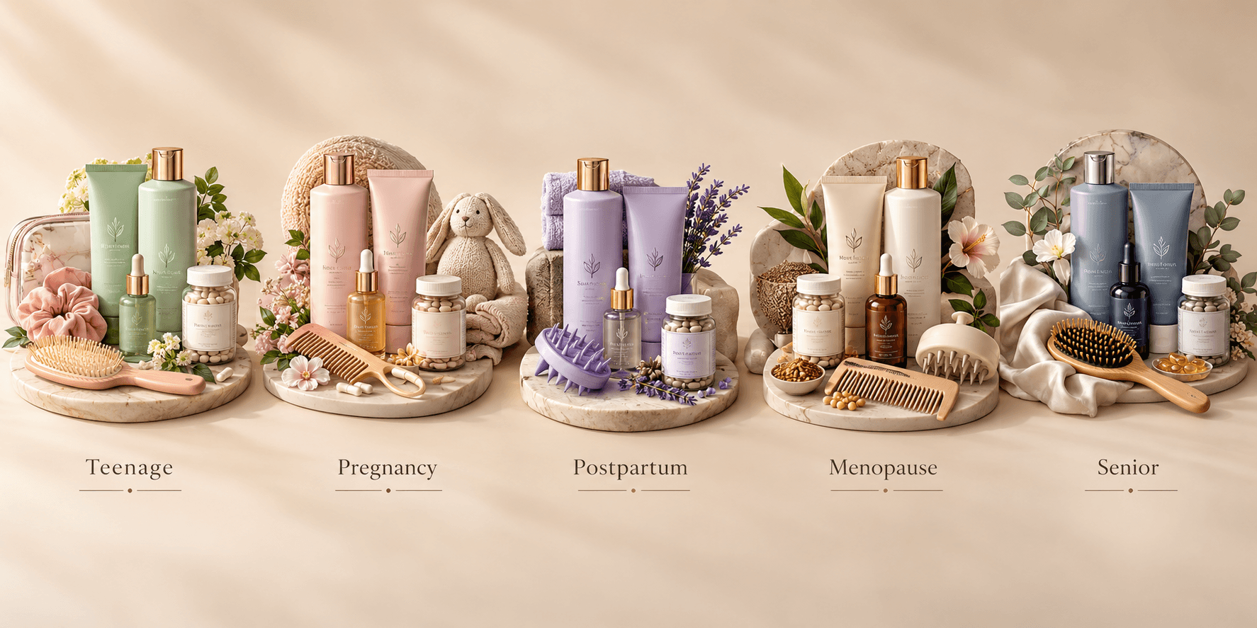 Life-Stage Haircare Bundles Life-stage haircare bundles for teenage, pregnancy, postpartum, menopause and senior hair needs on a champagne background