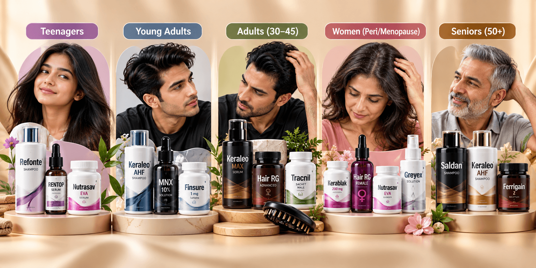 Life-Stage Haircare Bundles Life-stage haircare bundles for teenagers, young adults, adults, menopause and seniors on a champagne background