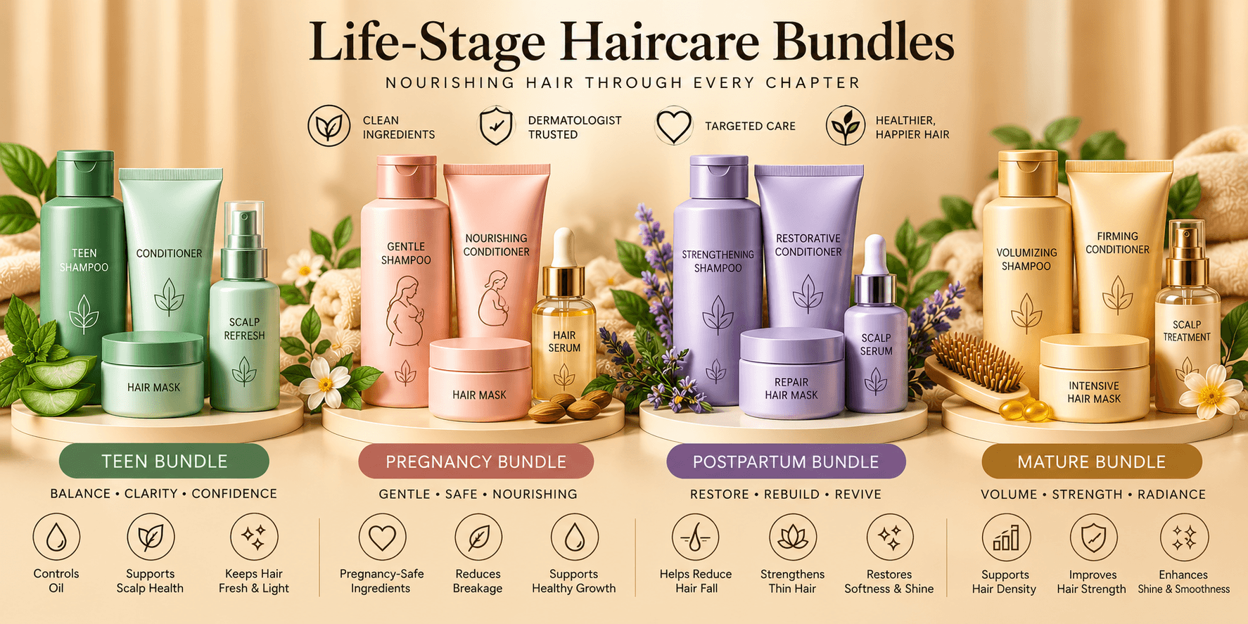 Life-Stage Haircare Bundles for Every Stage Life-stage haircare bundles for teen, pregnancy, postpartum and mature hair on a champagne background