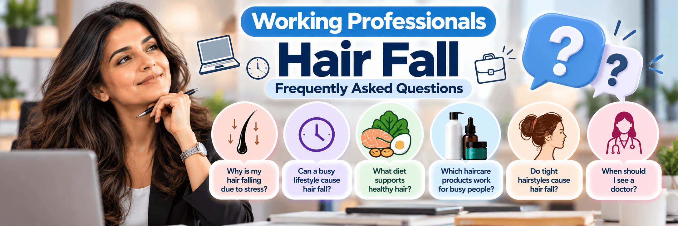 Working Professionals Hair Fall FAQs – Stress, Lifestyle & Hair Care Working professionals hair fall frequently asked questions about stress, busy lifestyle, diet, haircare, tight hairstyles and when to see a doctor