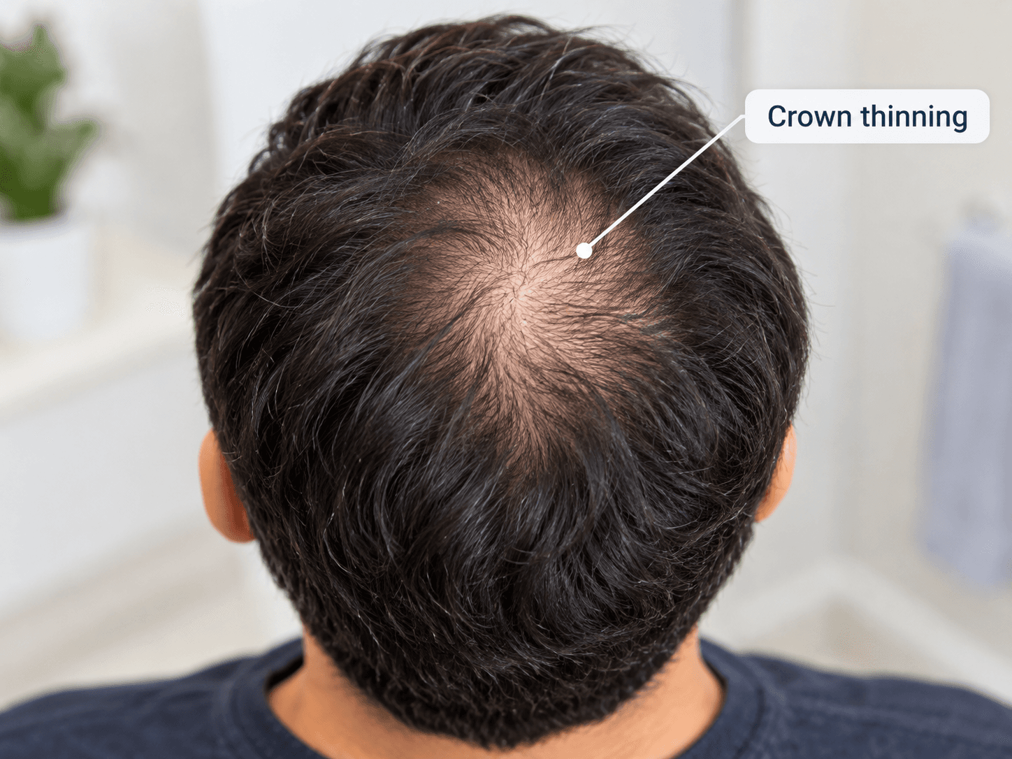 Thinning at Crown: Causes, Signs & What To Do — Hairsncares Scalp showing reduced hair density at the crown, illustrating thinning at the crown of the head