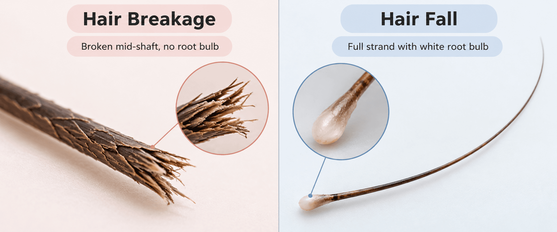 Hair Breakage vs Hair Fall: How To Tell the Difference — Hairsncares Comparison of a broken hair strand and a full shed hair with a white root bulb, illustrating hair breakage vs hair fall