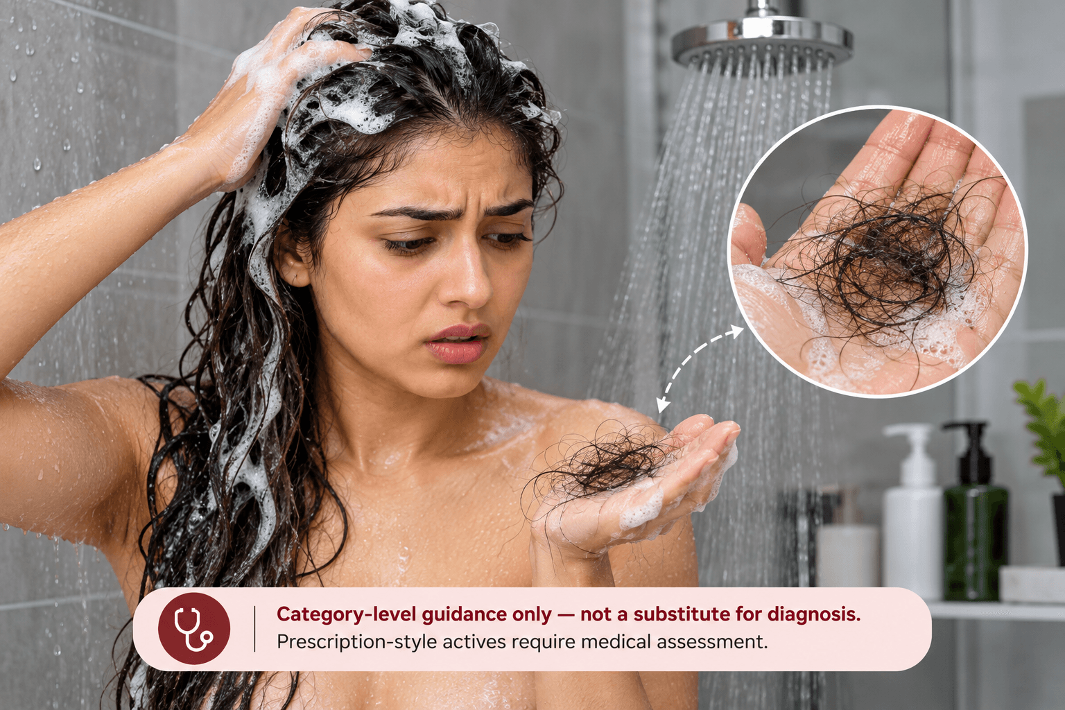 Woman noticing loose hair strands during shampooing with medical guidance disclaimer for hair fall treatment