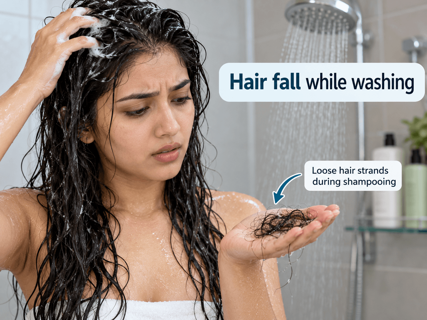Hair Fall While Washing: Normal Shedding or Hair Loss? — Hairsncares Loose hair strands during shampooing in the shower, illustrating hair fall while washing