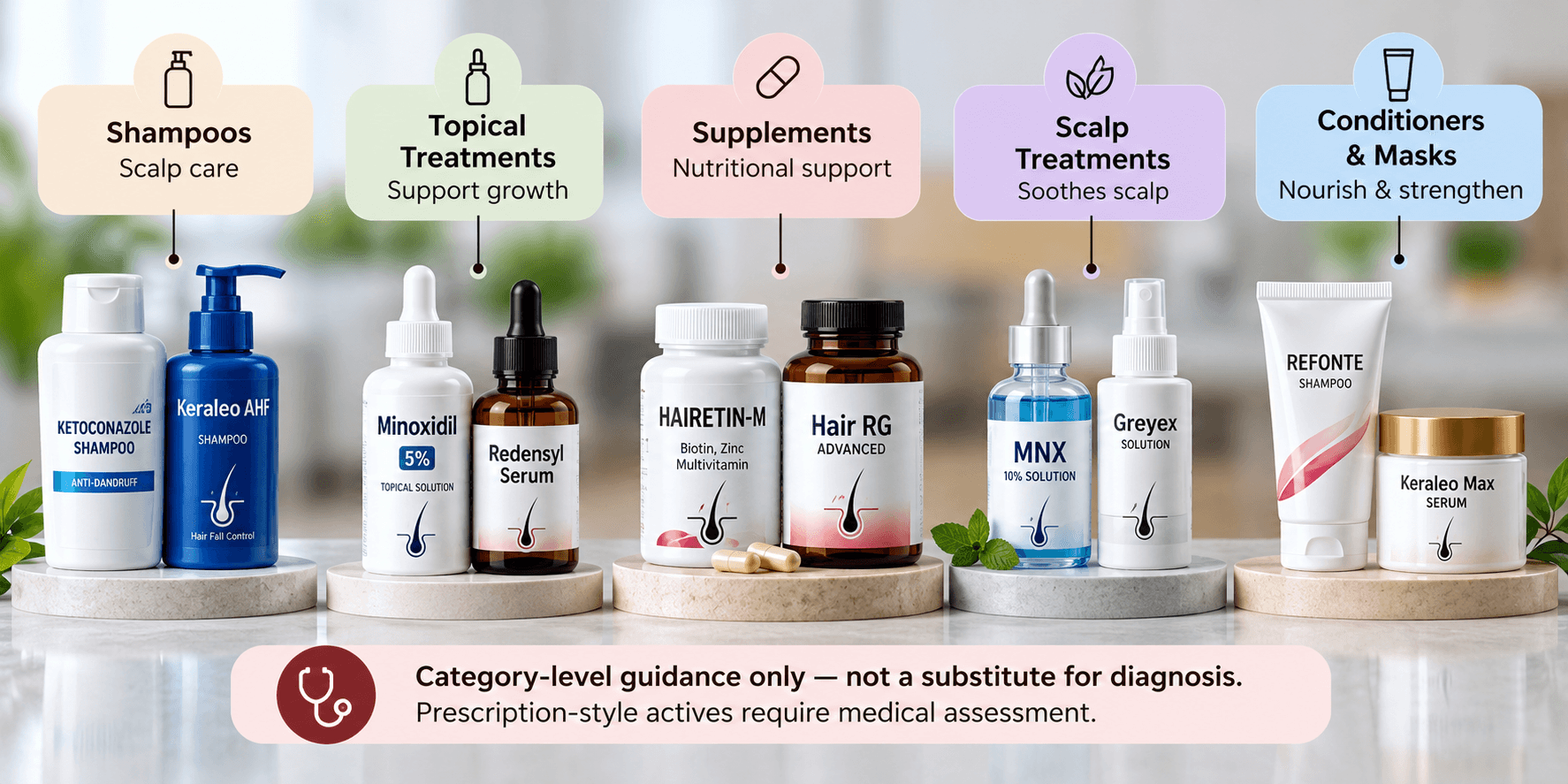 Hair loss treatment categories including shampoos, topical treatments, supplements, scalp treatments, conditioners and masks with medical guidance