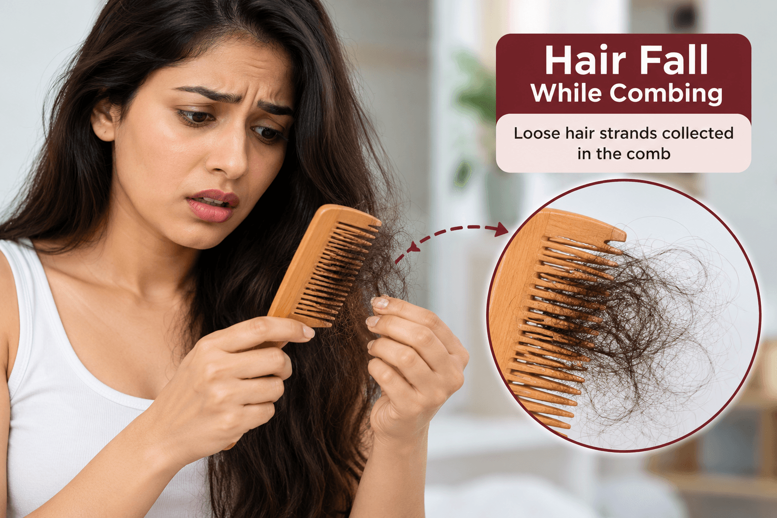 Hair Fall While Combing: How Much Is Normal & What To Do — Hairsncares Woman noticing loose hair strands collected in a comb, illustrating hair fall while combing